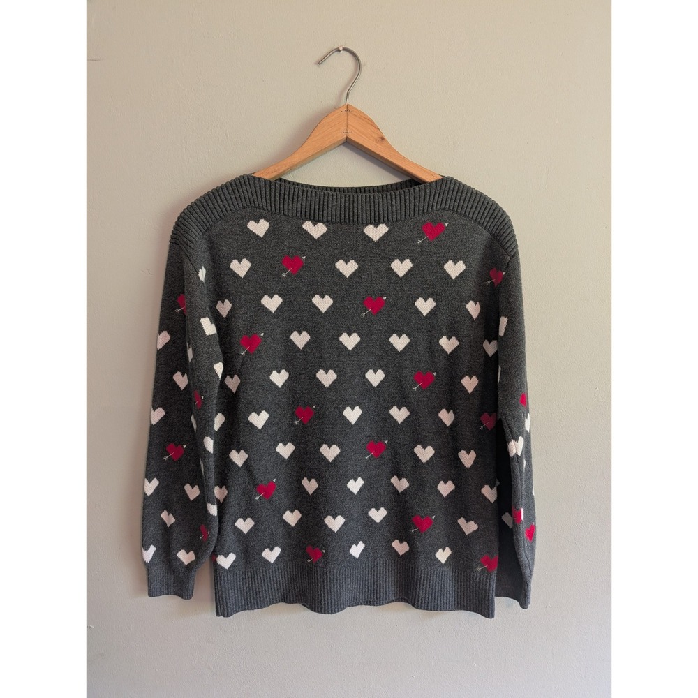 LOFT Heart Print Sweater Gray Red White Cupid Arrow Boat Neck Knit Pullover XS